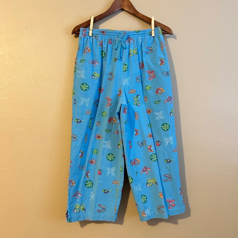Vintage Koret Cotton Elastic Capris Grandmacore 90s Blue Summer Print Medium